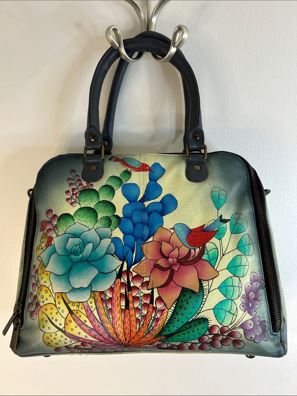 Anuschka Hand Painted Flowers & Bird Theme Leather Satchel & Shoulder Strap